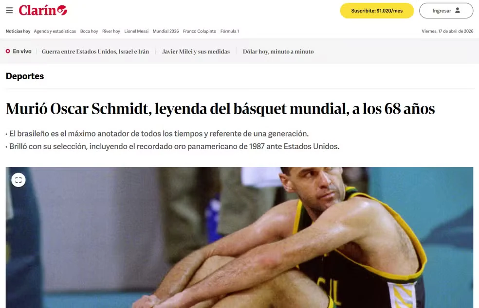 O Clarín cobriu a morte de Oscar Schmidt na Argentina