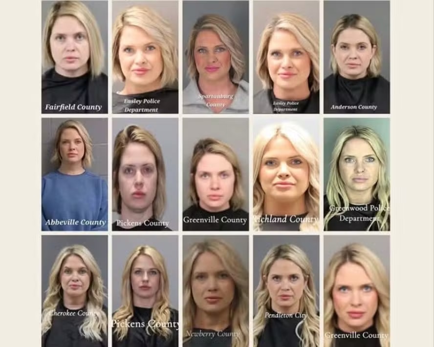 Pamela Brooke Schronce em 15 dos seus 16 mugshots