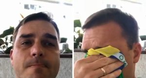 pré-candidato à Presidência da República Flávio Bolsonaro em montagem de duas fotos, chorando