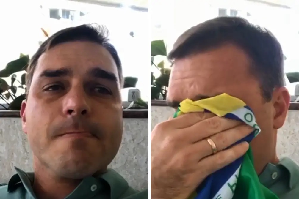 pré-candidato à Presidência da República Flávio Bolsonaro em montagem de duas fotos, chorando