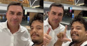 Flávio Bolsonaro e militante em montagem de duas fotos
