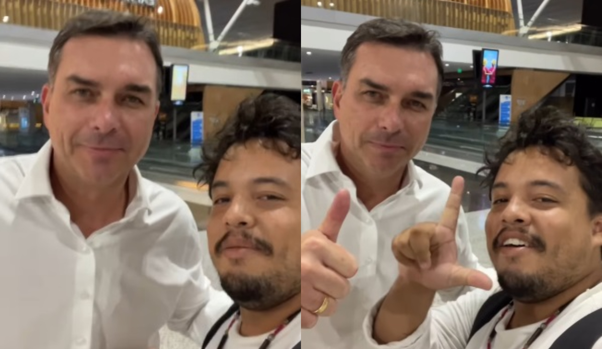 Flávio Bolsonaro e militante em montagem de duas fotos