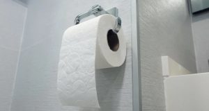 Papel higiênico pendurado em banheiro