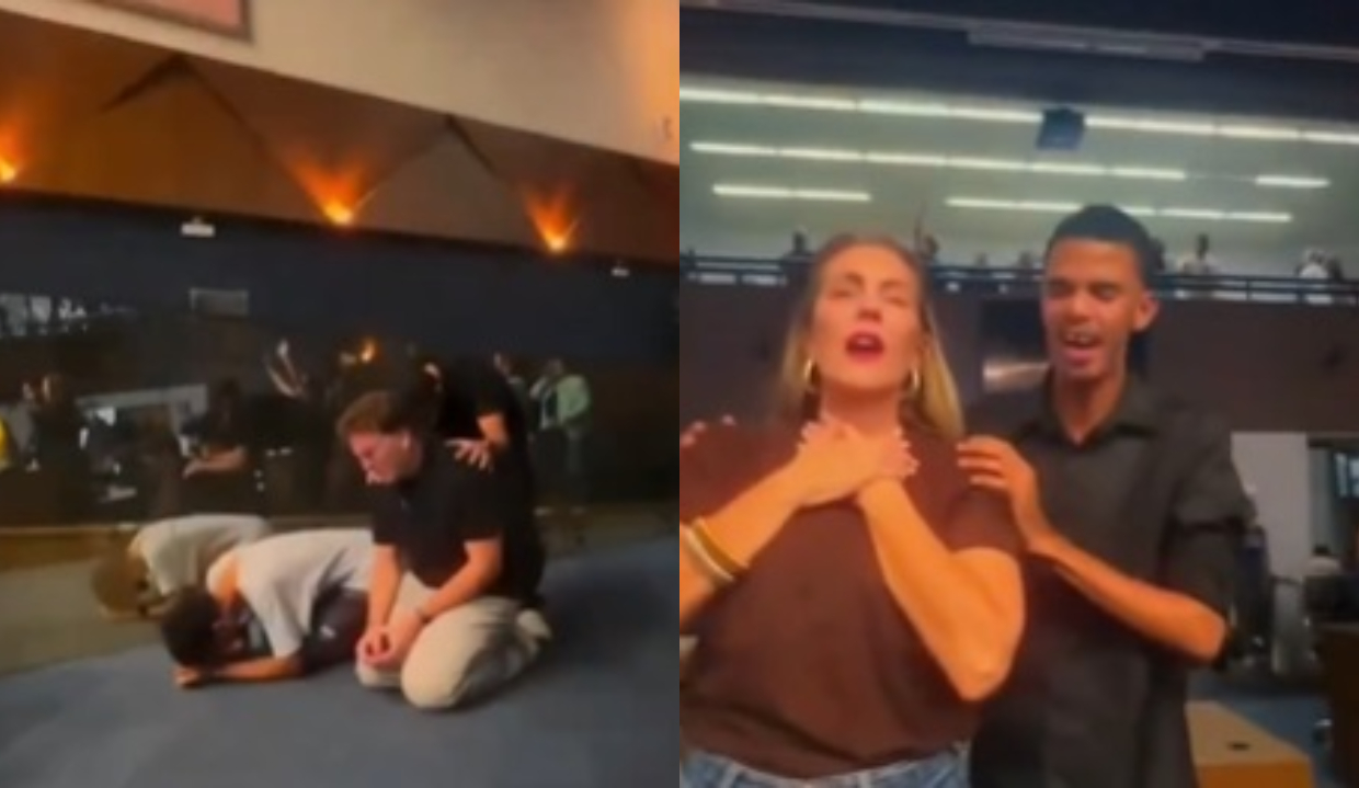 Pessoas orando na Câmara Municipal de BH em montagem de duas fotos