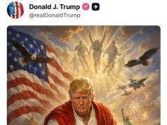 O presidente estadunidense Donald Trump como Jesus Cristo, curando uma pessoa muito parecida com Jeffrey Epstein.