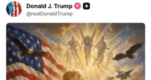 O presidente estadunidense Donald Trump como Jesus Cristo, curando uma pessoa muito parecida com Jeffrey Epstein.