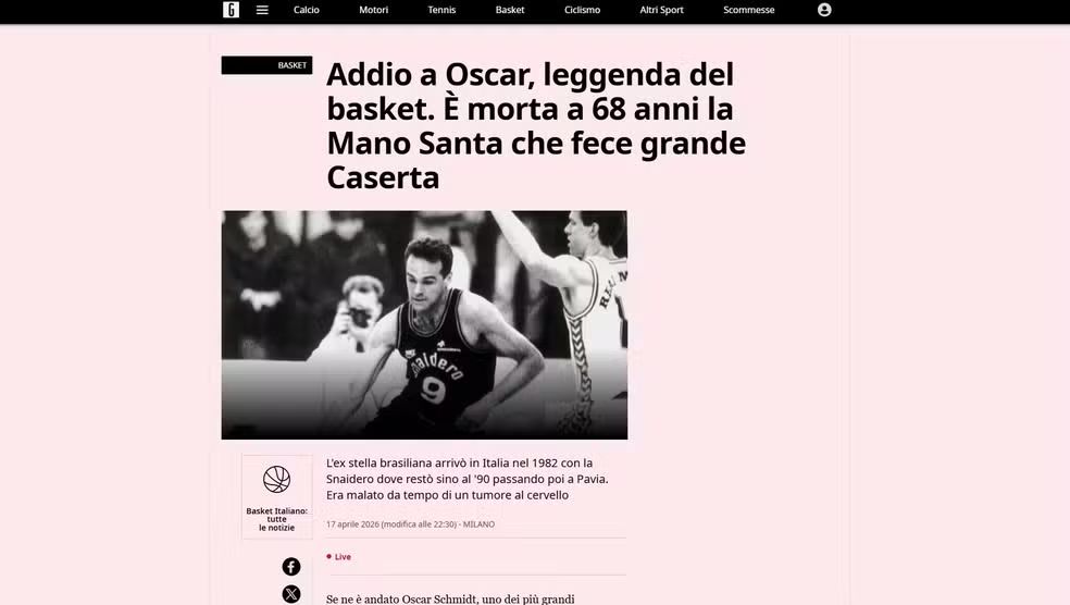 O Gazzetta dello Sport cobriu a morte de Oscar Schmidt na Itália