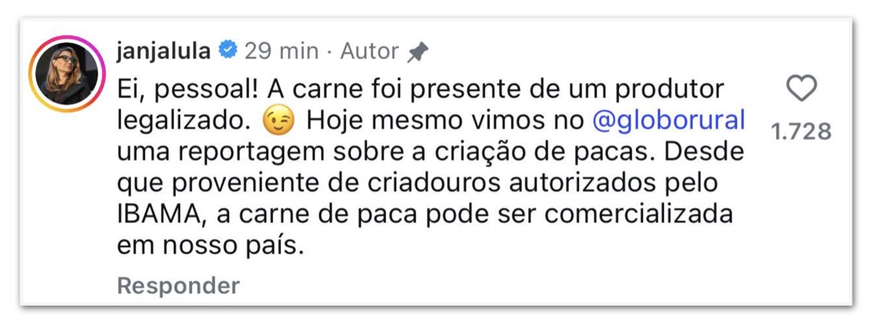 Print de comentário de Janja sobre carne de paca