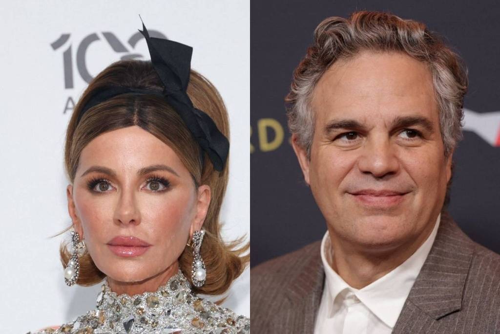 Kate Beckinsale e Mark Ruffalo sérios em montagens de duas fotos
