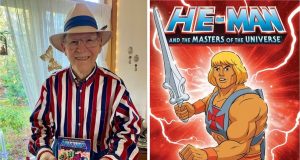 Roger Sweet e sua criação, o personagem 'He-Man' em montagem de duas fotos