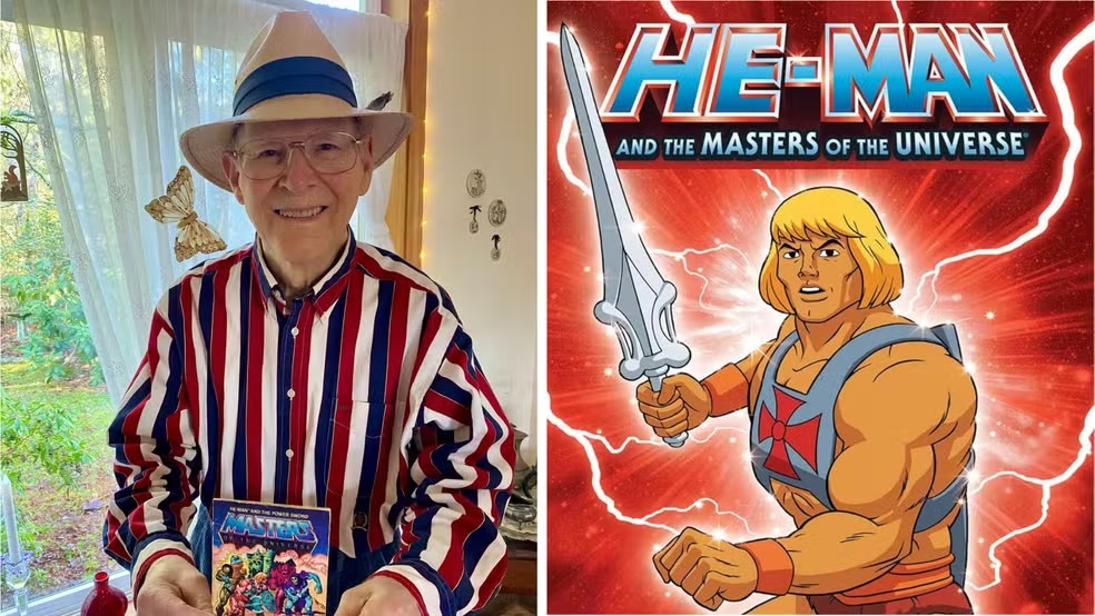 Roger Sweet e sua criação, o personagem 'He-Man' em montagem de duas fotos