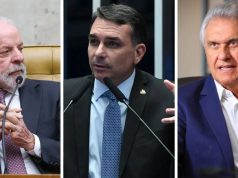 Lula, Flávio Bolsonaro e Ronaldo Caiado em montagem de três fotos