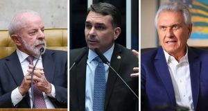Lula, Flávio Bolsonaro e Ronaldo Caiado em montagem de três fotos