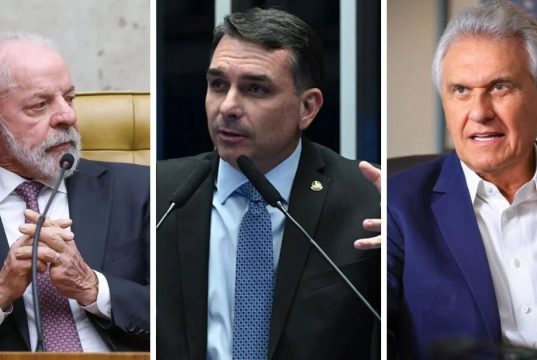 Lula, Flávio Bolsonaro e Ronaldo Caiado em montagem de três fotos