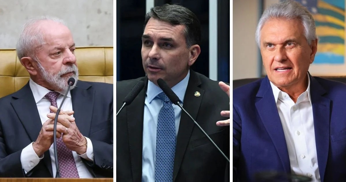 Lula, Flávio Bolsonaro e Ronaldo Caiado em montagem de três fotos