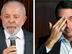Montagem de fotos de Lula e Flávio Bolsonaro sérios, o primeiro falando