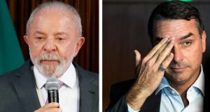Montagem de fotos de Lula e Flávio Bolsonaro sérios, o primeiro falando