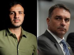 Renan Santos e Flávio Bolsonaro em montagem de duas fotos, sérios