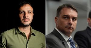 Renan Santos e Flávio Bolsonaro em montagem de duas fotos, sérios
