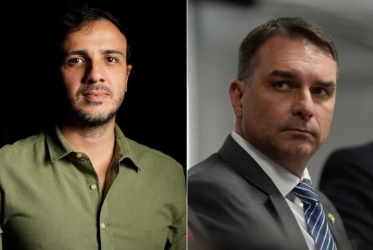 Renan Santos e Flávio Bolsonaro em montagem de duas fotos, sérios