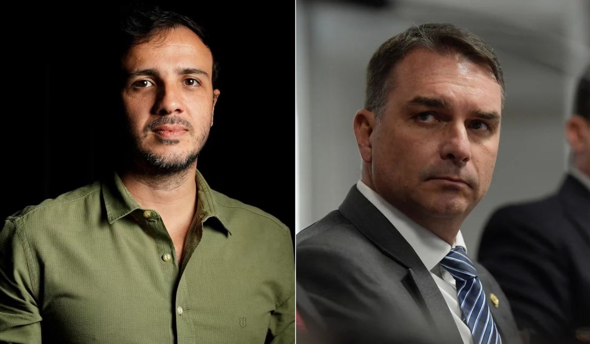 Renan Santos e Flávio Bolsonaro em montagem de duas fotos, sérios