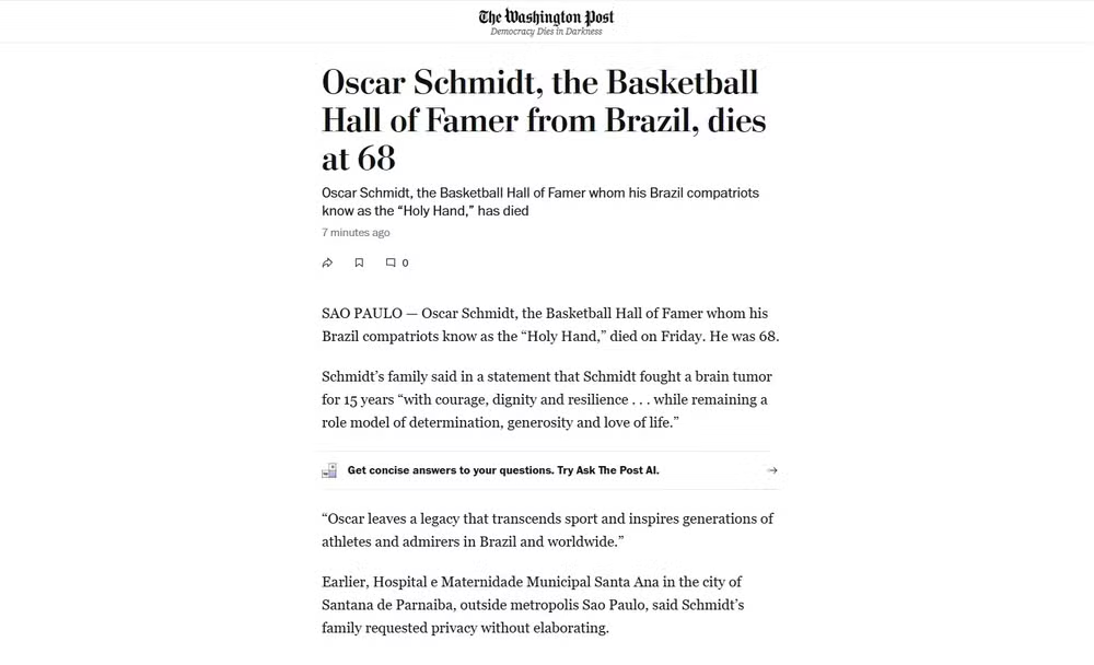 O The Washington Post cobriu a morte de Oscar Schmidt nos Estados Unidos