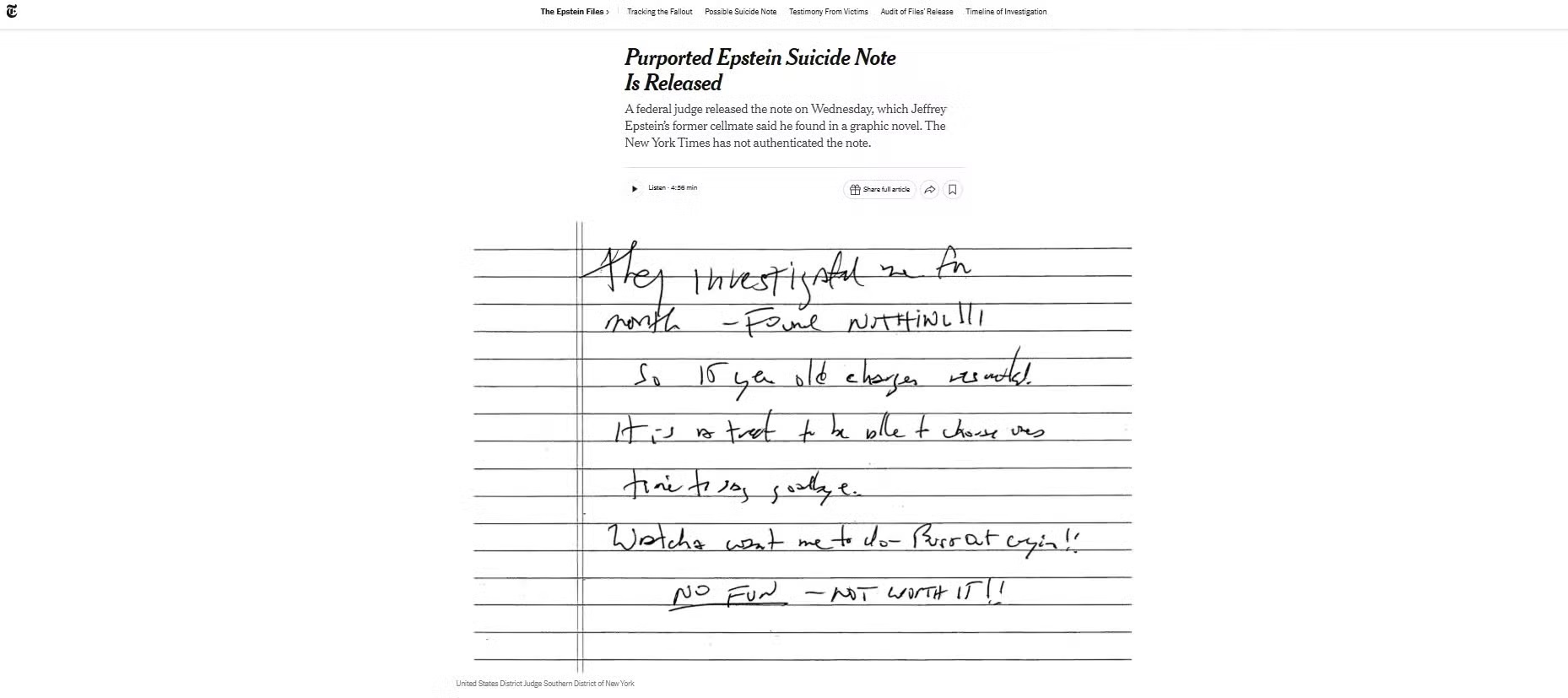 suposta carta de suicídio escrita por Jeffrey Epstein
