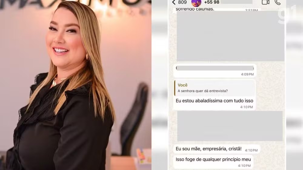 A empresária Carolina Sthela Ferreira dos Anjos e o print de conversa