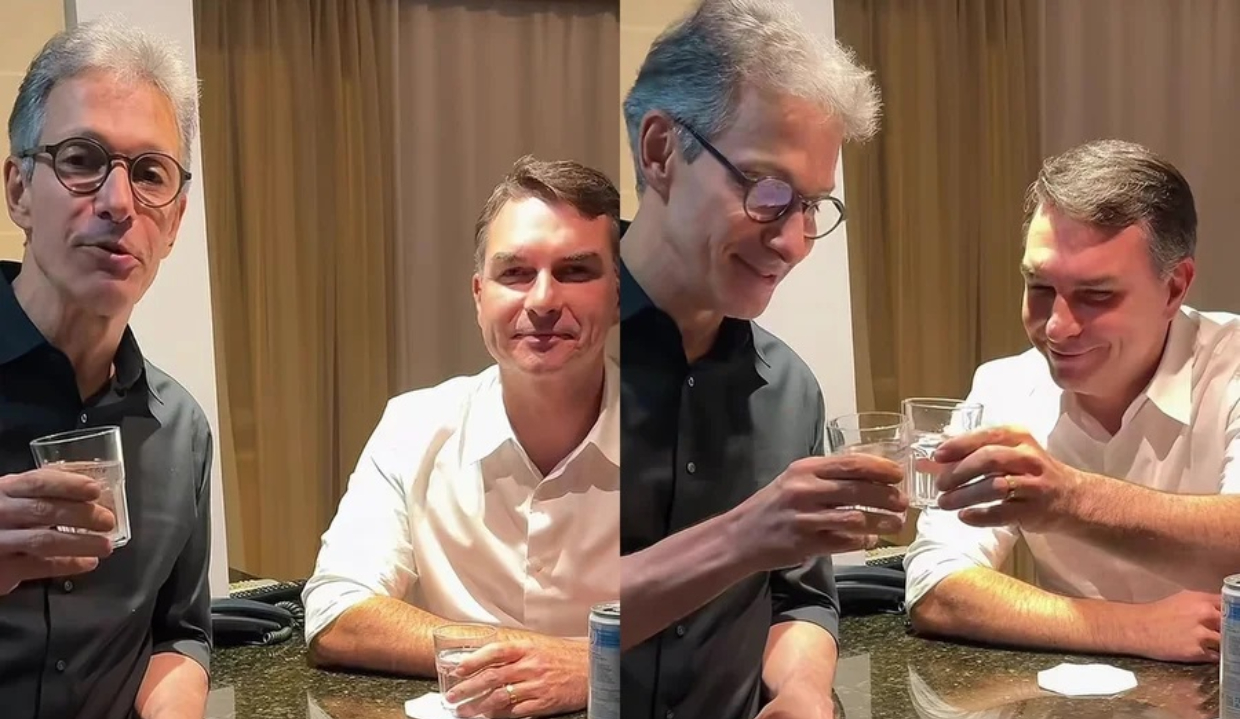Romeu Zema (Novo) e Flávio Bolsonaro (PL) brindando em montagem de duas fotos