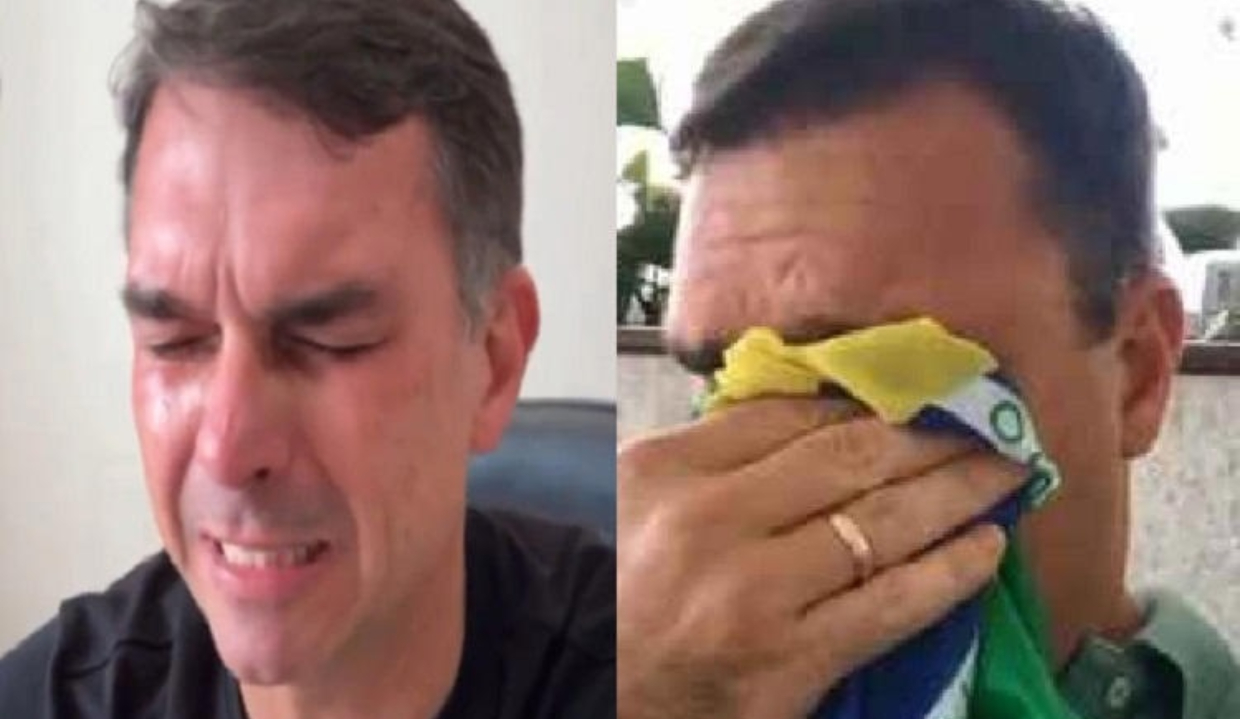 Montagem de duas fotos de Flávio Bolsonaro (PL-RJ) chorando