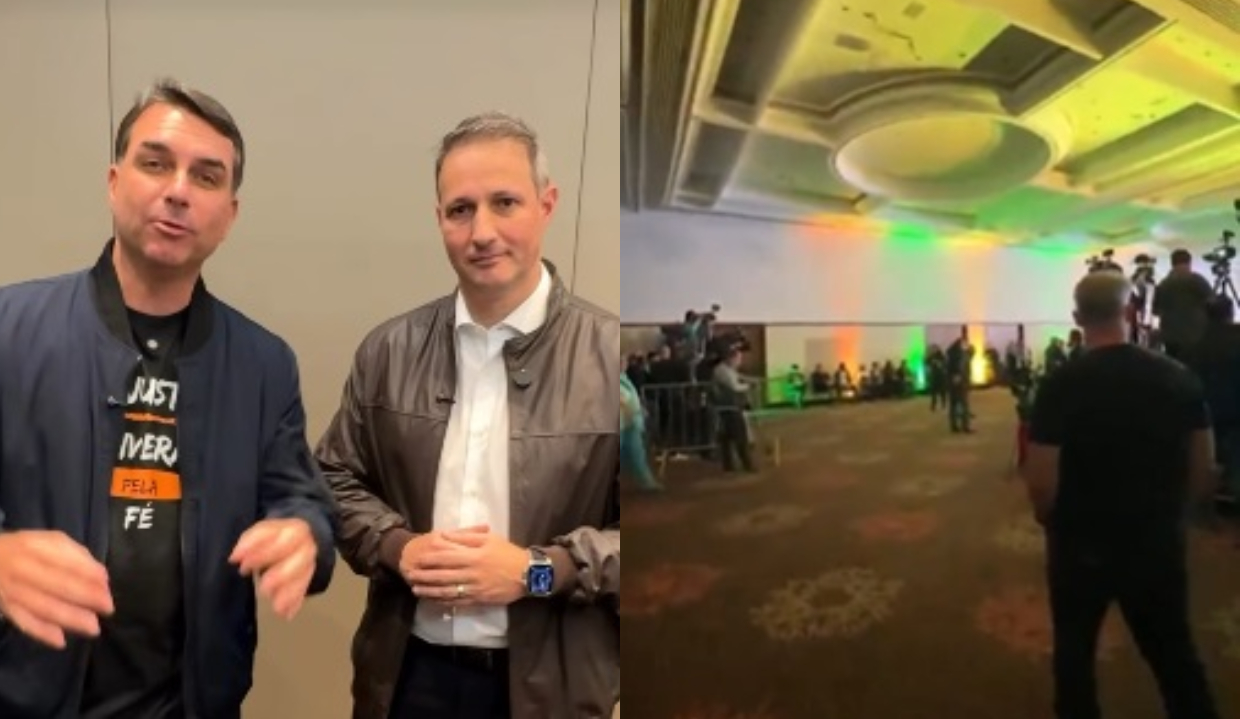 Montagem de fotos de Flávio Bolsonaro com Guilherme Derrite e salão quase vazio