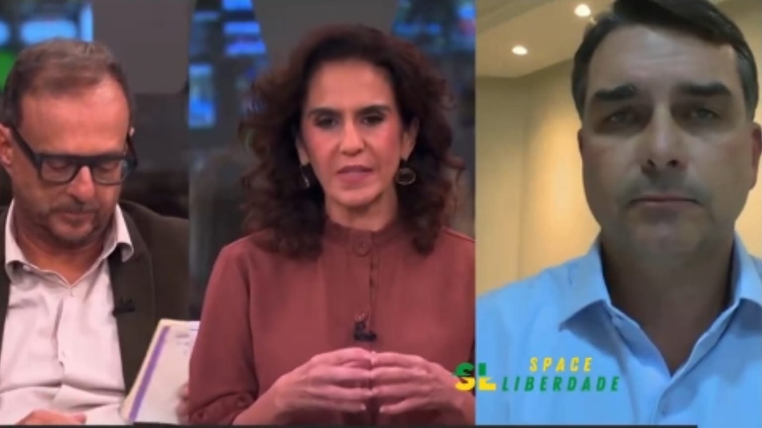 Octavio Guedes, Malu Gaspar e Flávio Bolsonaro em montagem de três fotos na GloboNews