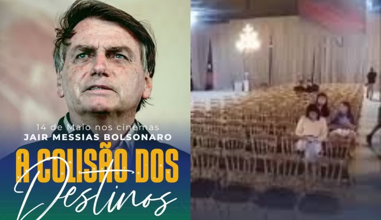 Banner e Sessão de exibição de documentário de Bolsonaro quase vazia - Reprodução/Redes Sociais