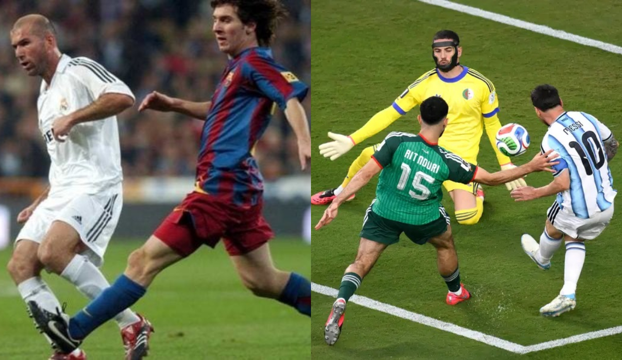 Montagem de fotos de Lionel Messi em campo com Zinedine Zidane e Luca Zidane