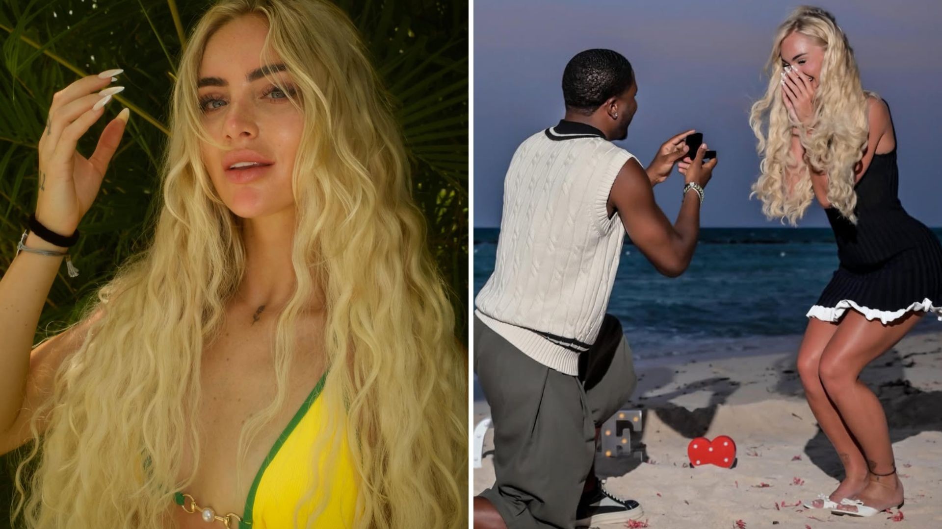 Alisha Lehmann e Montel McKenzie durante pedido de noivado na praia