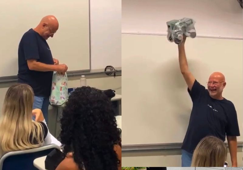 Professor Irineu Bagnariolli recebe trator verde de brinquedo de alunos