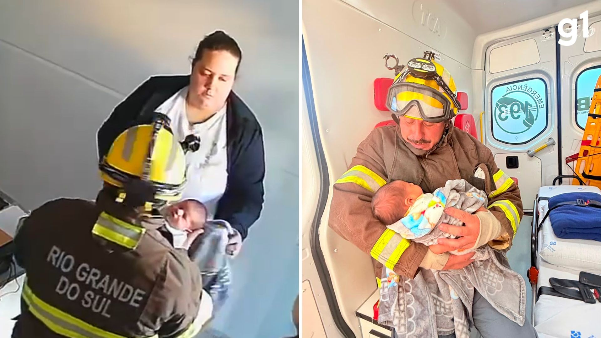 Bebê de 11 dias no colo de bombeiro do SCAB de Antônio Prado