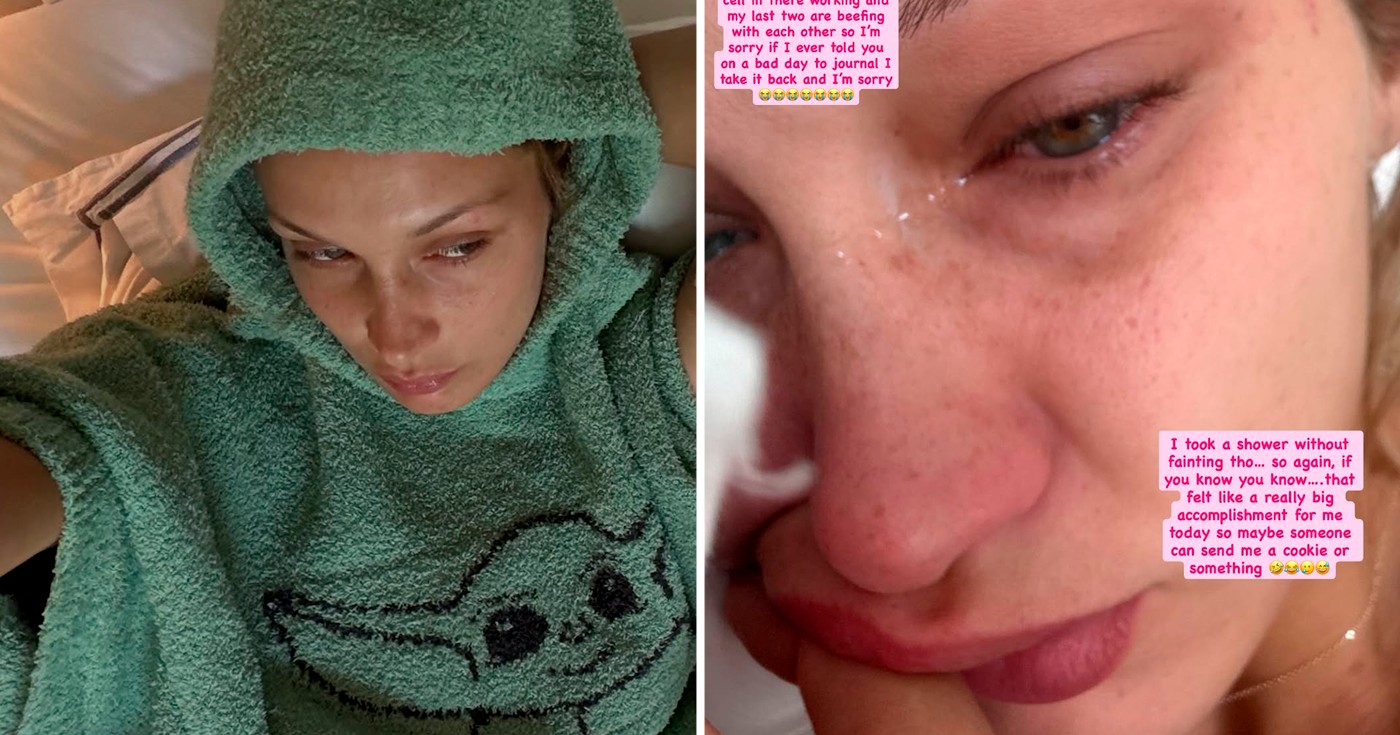 Bella Hadid com lágrimas no rosto
