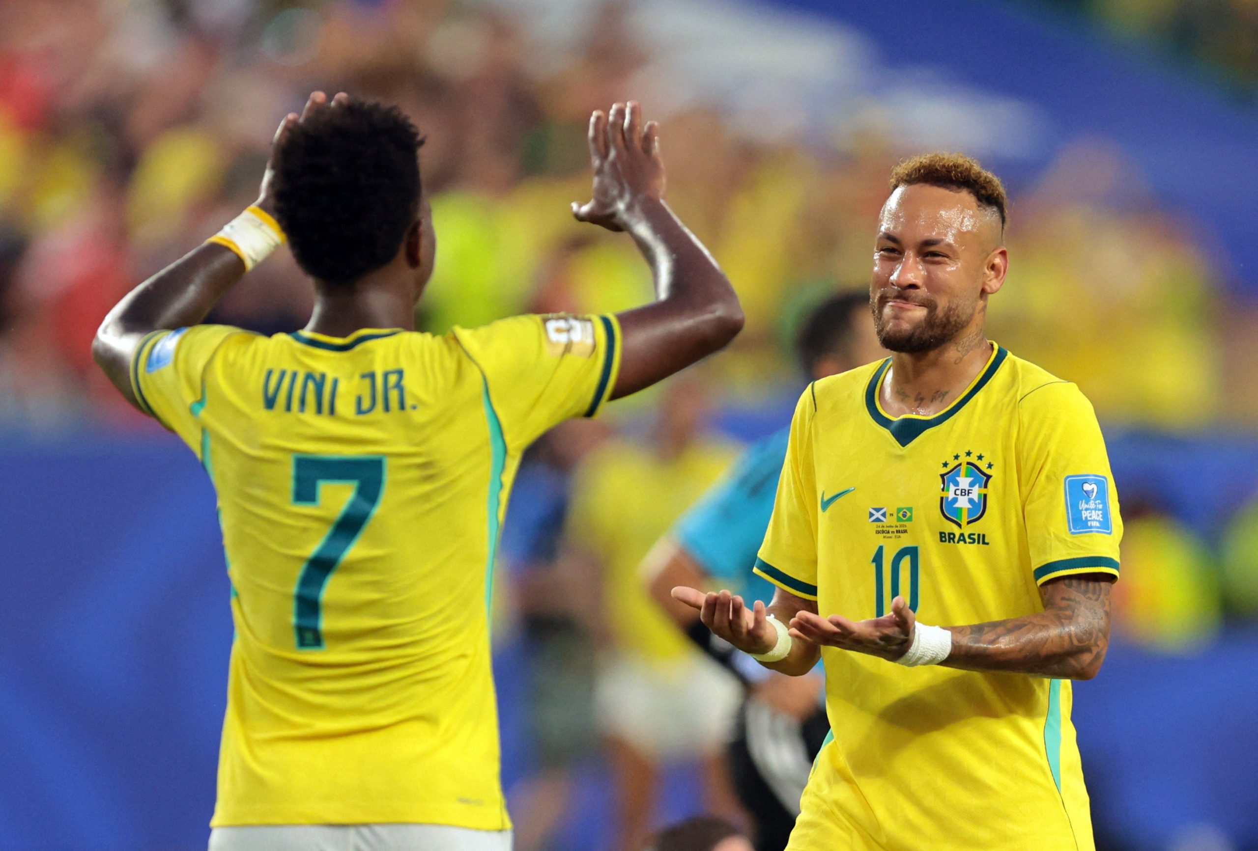 Jogadores da seleção brasileira durante partida da Copa do Mundo de 2026