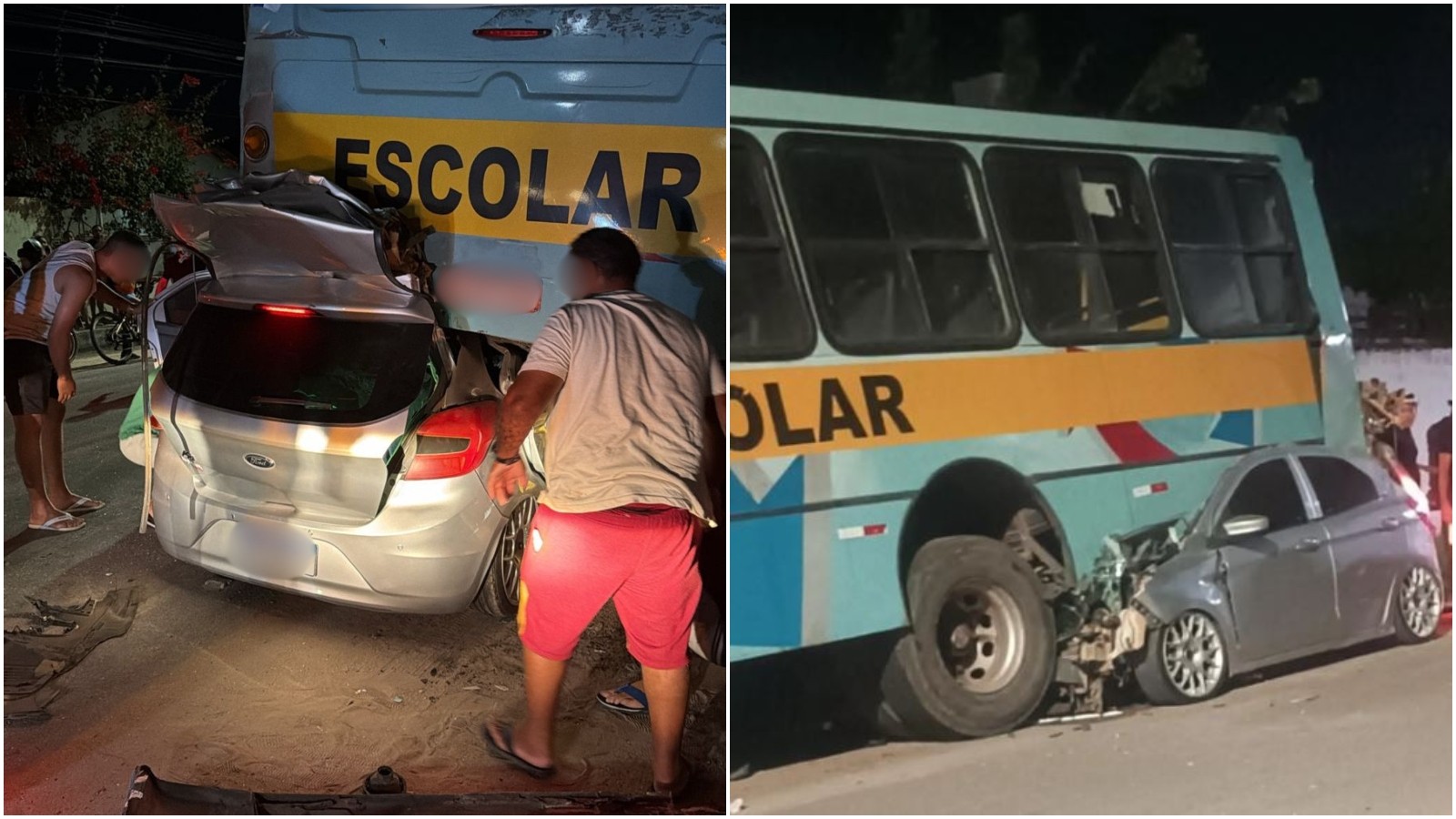 Carro prensado sob a traseira de ônibus escolar em Aracati