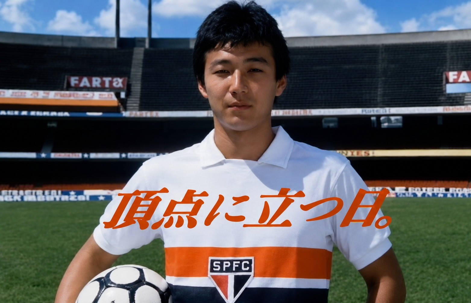 Musashi Mizushima com camisa do São Paulo em propaganda da Mizuno