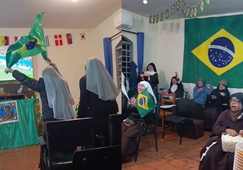 Freiras comemorando gol do Brasil na Copa do Mundo