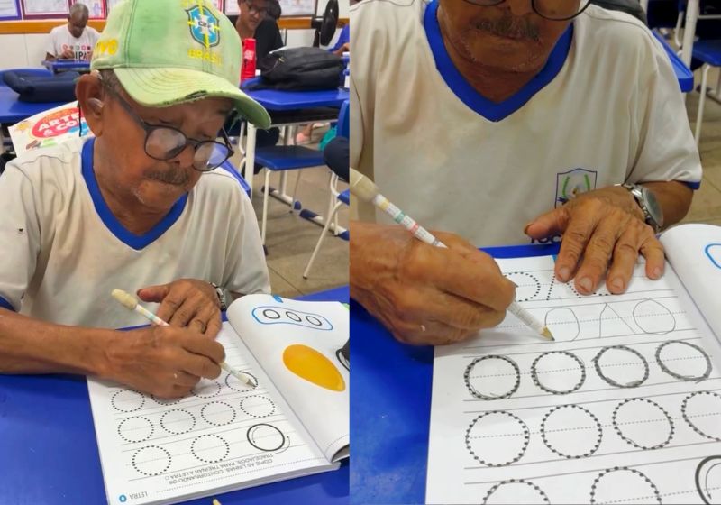 Seu Virgílio aprende a escrever a palavra ovo em caderno escolar