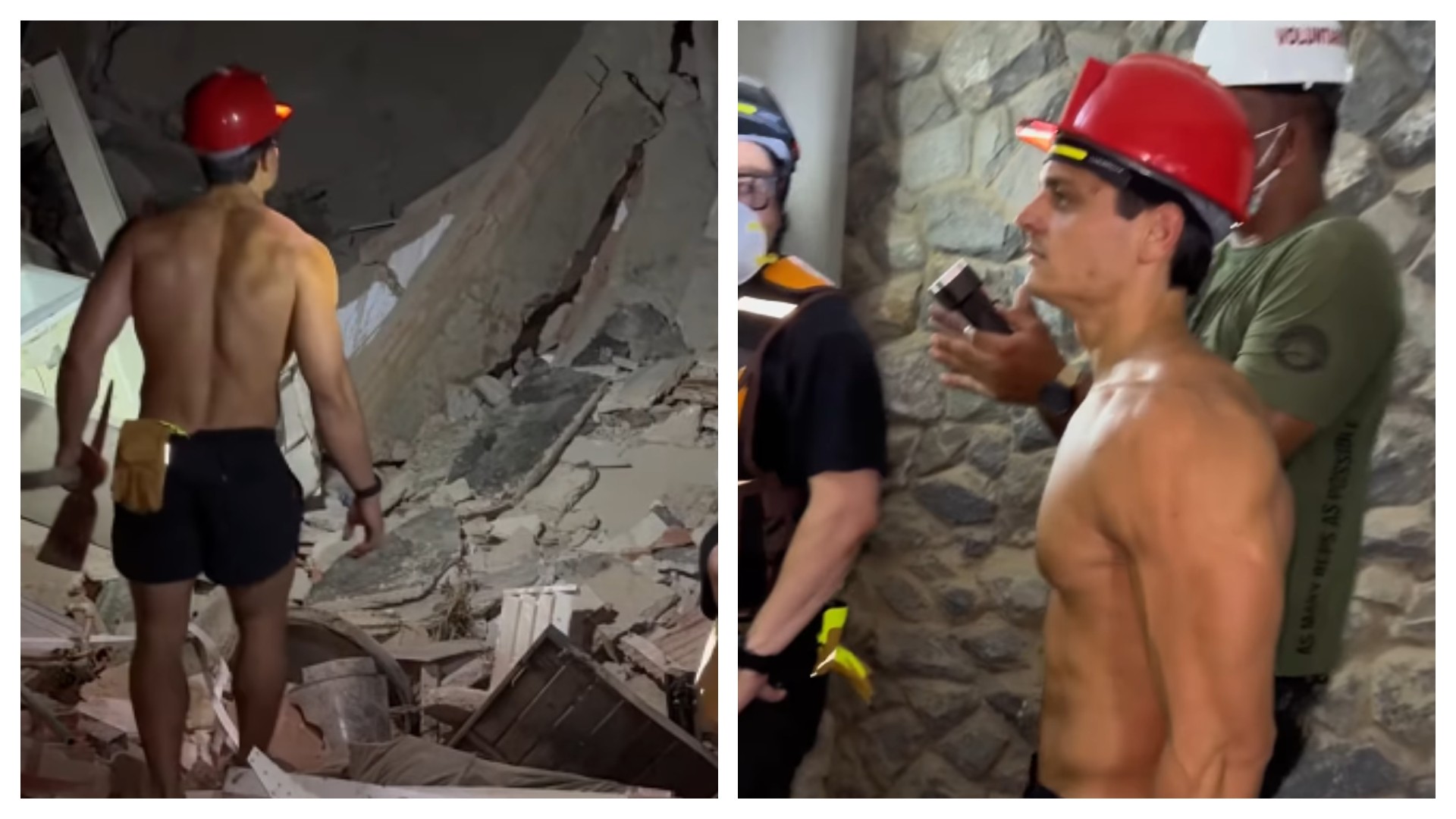 Gianpero Fusco sem camisa entre escombros em La Guaira, na Venezuela