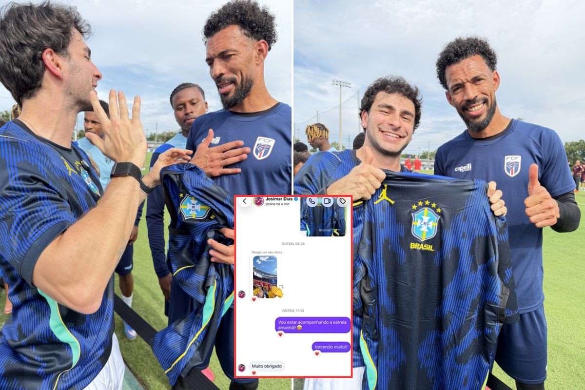 Rafael Falino entrega camisa da Seleção Brasileira ao goleiro Vozinha
