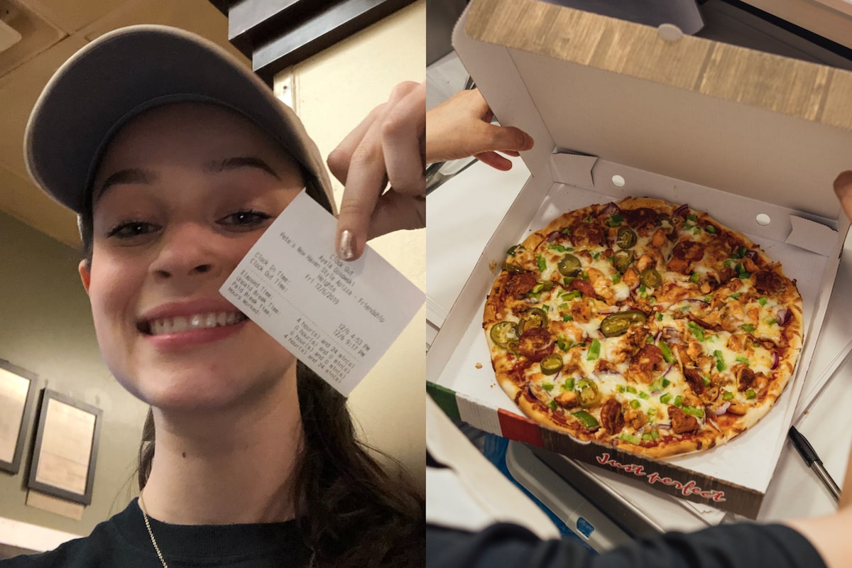Ayala Ossowski ao lado de uma pizza