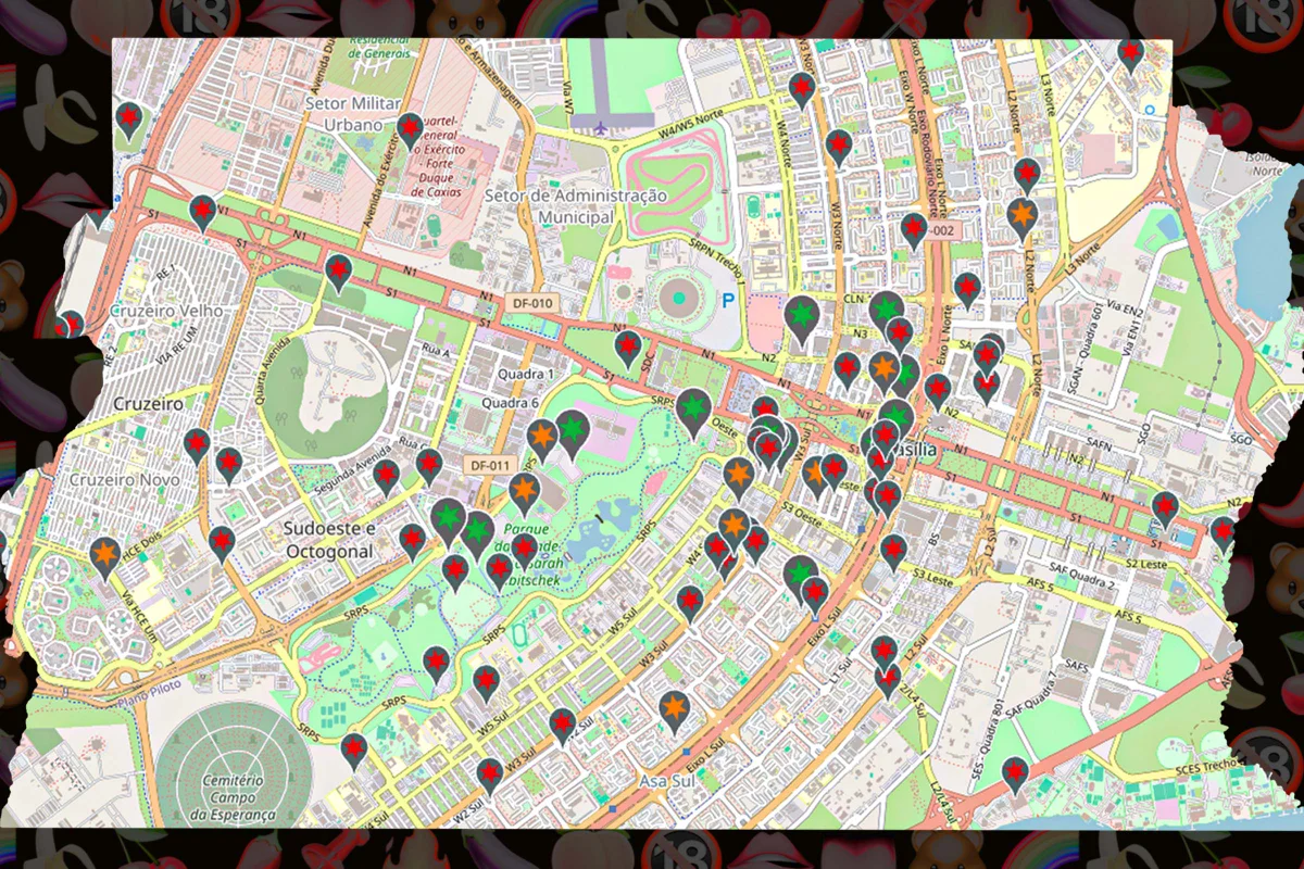 Arte com mapa e marcações no Distrito Federal