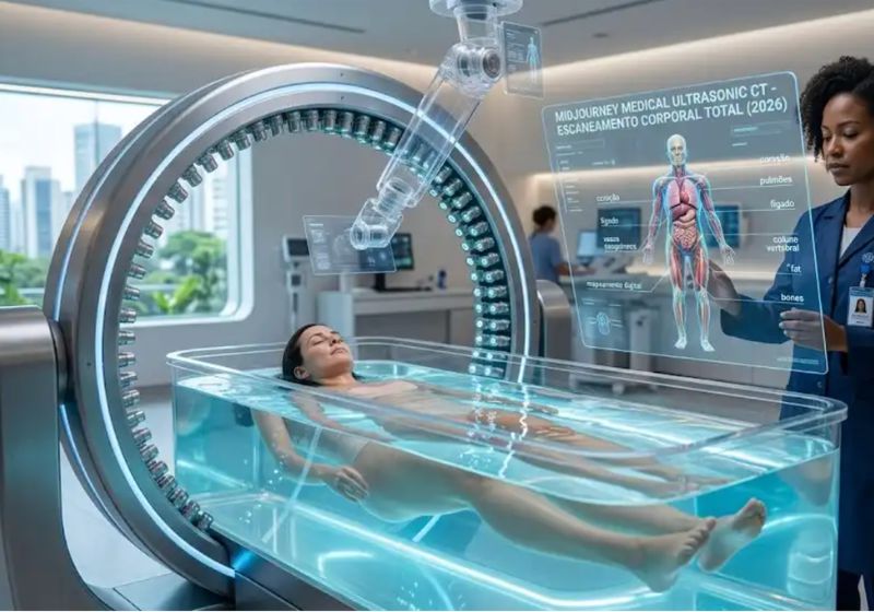 Scanner corporal por ultrassom da Midjourney com piscina e anel de sensores