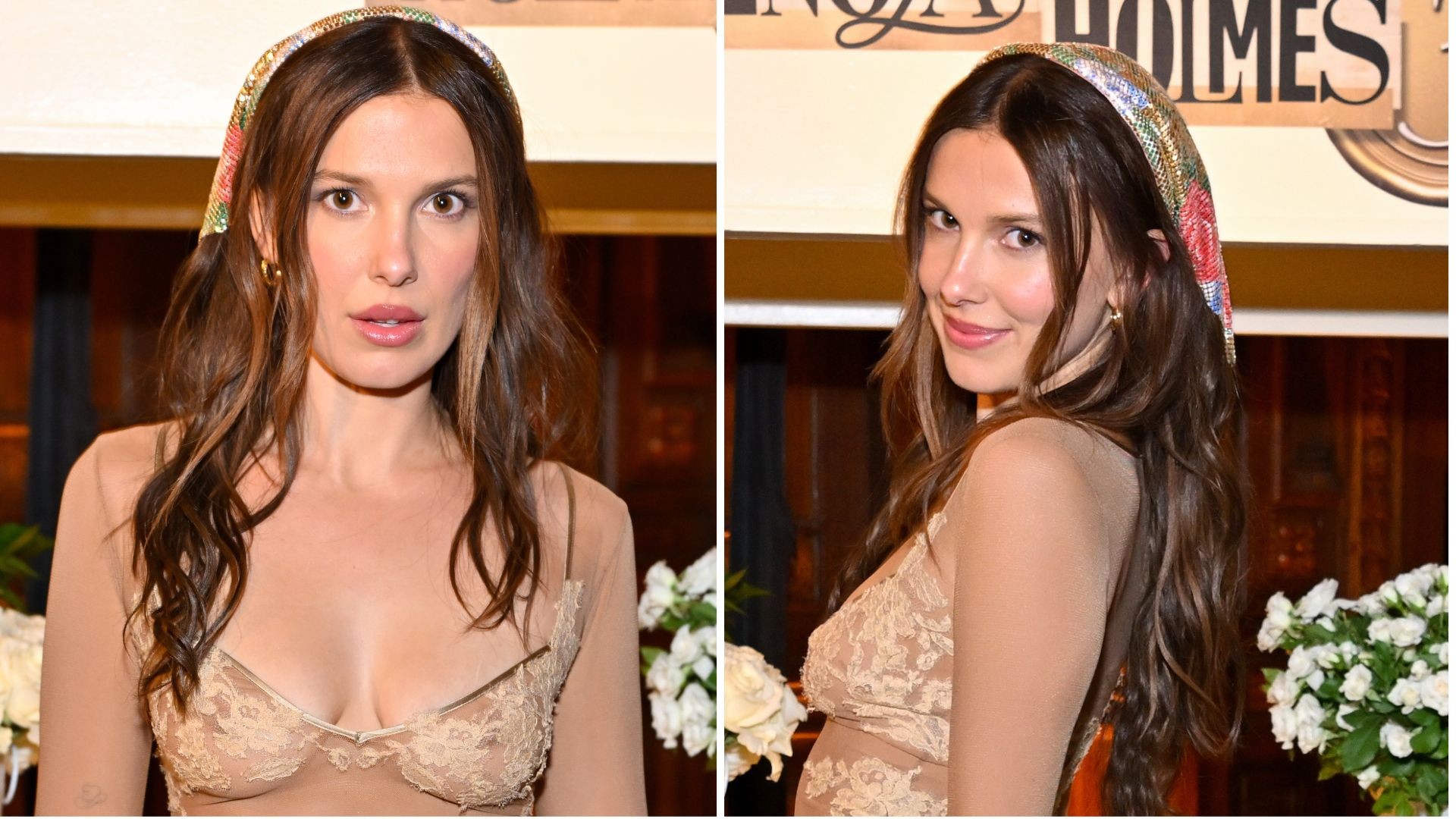 Millie Bobby Brown com vestido nude transparente