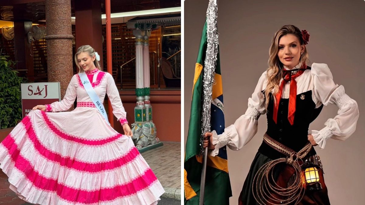 Ana Carolina Henrich Lucatelli com traje típico gaúcho no Miss Glam World 2026